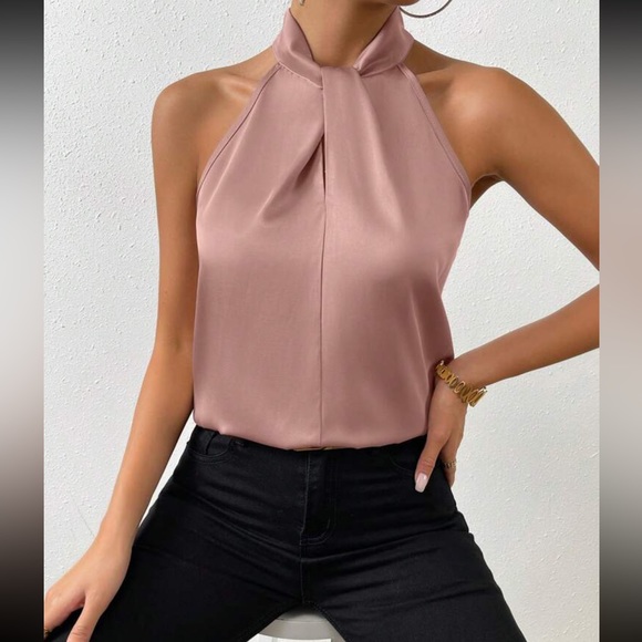 Tyche Luminous Satin Front Tuck Halter Top